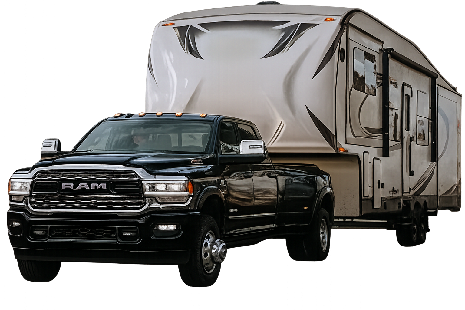 Ram truck pulling fifth wheel trailer